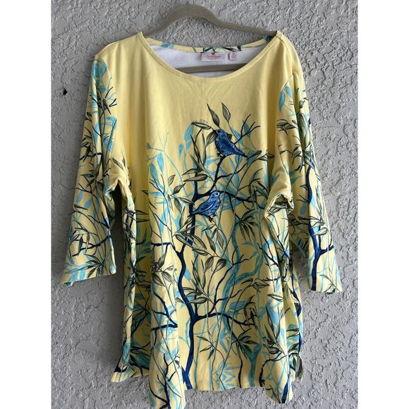 NWT The Quacker Factory size 3X yellow & blue shirt with birds embroidery - Picture 1 of 5